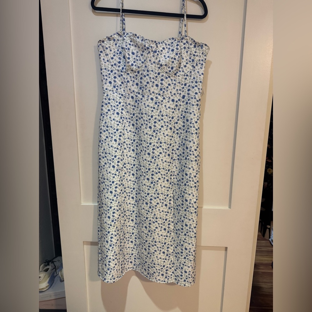 French Connection White Midi Slip Dress with Blue Floral Print